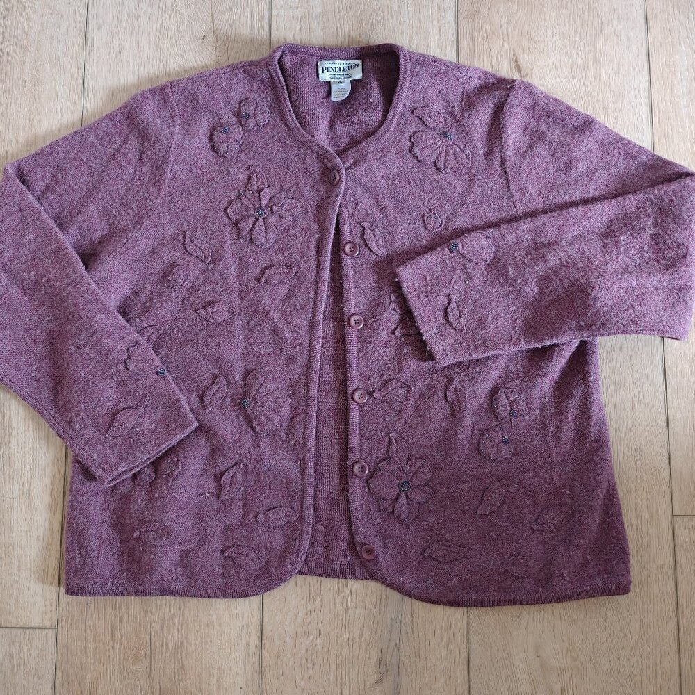 Pendleton Floral Beaded Purple Merino Wool Cardigan XL